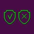 Simple vector flat pixel art set of two neon green glowing shields with tick and cross icons on it Royalty Free Stock Photo