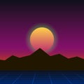 simple vector illustration in retro futurism style of 1980s of mountains landscape under evening or morning sun Royalty Free Stock Photo