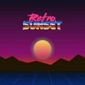 simple vector illustration in retro futurism style of 1980s of mountains landscape under evening sun and text retro sunset Royalty Free Stock Photo