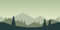 simple vector pixel art horizontal illustration of green morning mountain landscape with fir trees in retro platformer style