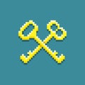 Simple vector pixel art illustration of two vintage golden crossed keys