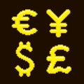 Simple vector pixel art illustration of yellow or golden set of pound, dollar, yen, euro currency money symbols Royalty Free Stock Photo