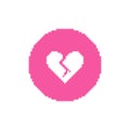 Simple vector pixel art round icon in pink color with white cracked heart inside Royalty Free Stock Photo