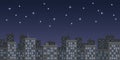 illustration of city high rise buildings under the starry night sky in retro platformer style