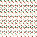 Simple vector pixel art seamless pattern of cartoon pair of red cherries on a twig with green leaf on white background