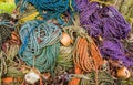 Colorful sink, hydropro and float ropes used for lobster traps sit in a big pile Royalty Free Stock Photo