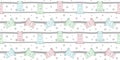 Seamless pattern with colorful adorable hippos on a grey and white striped background with stars of different sizes