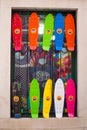 Colorful skateboards on sale.