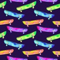 Colorful skateboards, seamless pattern design, dark blue background