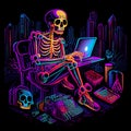 Colorful skeleton working on his laptop. AI generative