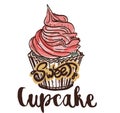 Colorful sketch of a beautiful bakery cupcake sweat creame pattern on a background drawing picture Flat vector