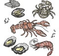 Colorful sketch of a hand drawing beautifulsea food pattern on a white background drawing eps Flat vector