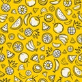 Colorful sketch mixed tropical fruits seamless summer pattern ba