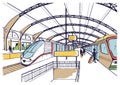 Colorful sketch with railway station. Hand drawn illustration with modern fast trains and passengers.