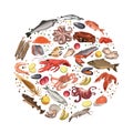 Colorful Sketch Seafood Products Round Concept