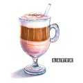 Illustration of a latte with milk foam at the top, a coffee strip in the middle and milk at the bottom of a glass goblet.