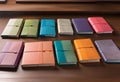 Colorful sketchbooks with leather covers on the wooden table