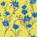 Colorful sketched seamless pattern flower print in bright blue c