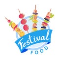 Colorful skewers with meat and vegetables, food festival logo design. Fresh ingredients kebabs, event banner. Culinary