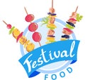 Colorful skewers meat vegetables, food festival logo design. Fresh ingredients kebabs, event