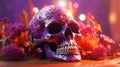 Colorful skull on bright purple background for Day of the Dead, sugar skull decorated flowers, Dia de Muertos Royalty Free Stock Photo