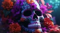 Colorful skull on bright purple background for Day of the Dead, sugar skull decorated flowers, Dia de Muertos Royalty Free Stock Photo