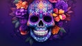 Colorful skull on bright purple background for Day of the Dead, sugar skull decorated flowers, Dia de Muertos Royalty Free Stock Photo