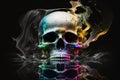 a colorful skull with smoke coming out of it\'s mouth and a cigarette in the other side of the skull\'