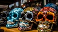 Colorful skulls are displayed on a table in a market