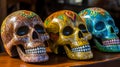 Colorful skulls are displayed on a table in a store