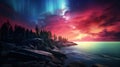 A colorful sky with a bright aurora borealis over the ocean, AI