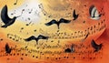 colorful sky with clouds with bird and musical notes