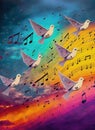 colorful sky with clouds with bird and musical notes