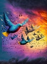 colorful sky with clouds with bird and musical notes