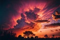 a colorful sky with clouds and trees in the foreground and a sunset in the background with a red and purple hue Royalty Free Stock Photo