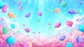 Pastel Candy Gemstones Falling on Pink and Blue Sky Background