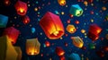 Colorful Sky Lanterns Floating Upwards at Night Royalty Free Stock Photo