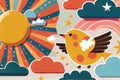 Colorful sky with sun and clouds with cute birds cartoon style.generative Ai Royalty Free Stock Photo