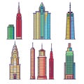 Colorful skyscrapers urban buildings graphic. Modern architectural designs iconic city skylines