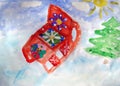 Colorful sledge - watercolor painting made by child