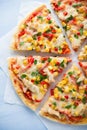Colorful sliced pizza with mozzarella cheese, chicken, sweet corn, sweet pepper and parsley close up top view Royalty Free Stock Photo