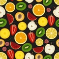 Colorful sliced various fruit summer seamless dark pattern