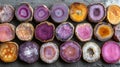 Colorful slices of agate stones arranged in a decorative pattern