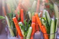 Colorful slices of raw vegetables in glasses: carrots, celery, cucumber, sweet pepper and yogurt sauce. The concept of diet,