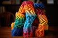 a colorful slinky stretching between two stacks of paperwork