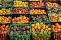 Many containers of colorful, small cherry tomatoes Royalty Free Stock Photo