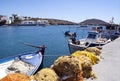 Small fishing boats at a port on the charming Greek island of Astypaleia.