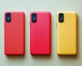 Three Colorful Smartphone Cases in Red and Yellow Royalty Free Stock Photo