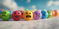 Colorful smiley balls representing various emotions against a bright sky backdrop ideal for playful activities Royalty Free Stock Photo