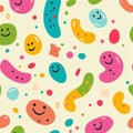 Colorful smiling cartoon microbes in a playful pattern covering a light background. Generative AI